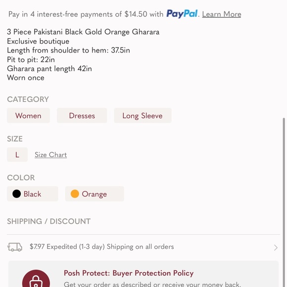 3 pc black gold & orange gharara
shoulder to hem: 37.5”
Pit to pit 22”
Pant 42” - Picture 6 of 7